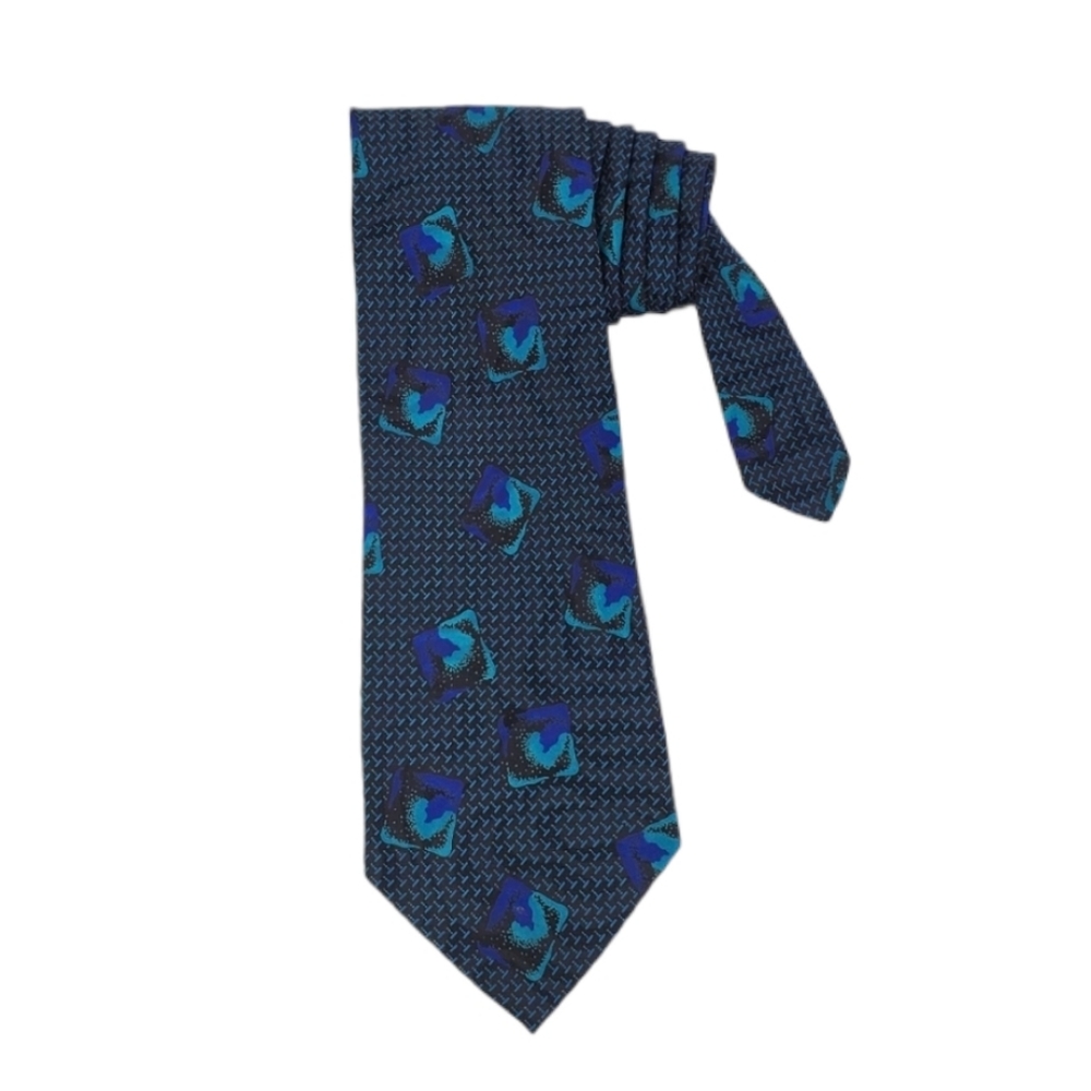 Stefano Milano Italy black blue geo print silk tie